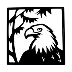 Stylized Black and White Eagle Profile Looking Left Framed by Foliage
