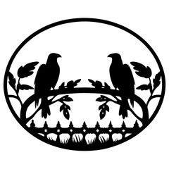 Two silhouetted birds perched on a branch above a stylized fence design
