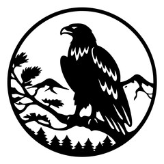 Majestic Black Eagle Perched on a Branch Surrounded by Nature Scene