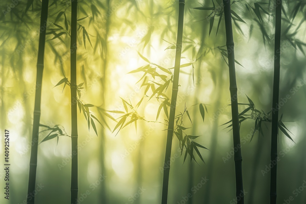 Poster bamboo forest serenity: sunlight filters through a dense bamboo forest, creating a tranquil and sere