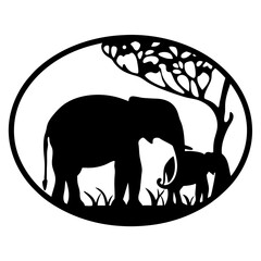 African Elephant Family Silhouette Under Spreading Tree within an Oval Frame © Tanjila