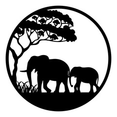 Elephant Family Under a Tree Silhouette in a Circular Artistic Design