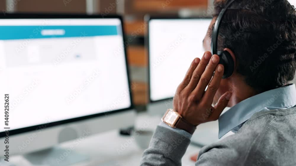Poster call center, computer screen and headset with person in office for assistance or communication. cont