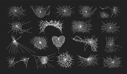 Spooky halloween old cobweb with various sizes and shapes. Old spider web set flat vector illustration for dark gothic decoration for holidays. Corner spider net insect thread cobweb scary frames.