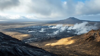 Vast volcanic plateau stretching into the distance steaming vents scattered across its surface