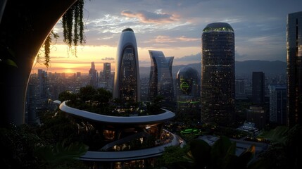 Fototapeta premium Futuristic city rooftop garden at sunset