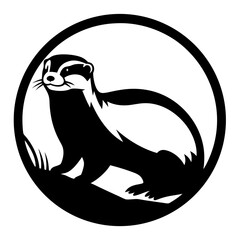 Black and white illustration of a mink in a circular emblem design