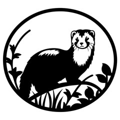 Black Footed Ferret in a Circular Black and White Botanical Frame