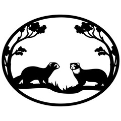 Silhouette Illustration of Two Ferrets Enclosed within an Oval Frame with Trees