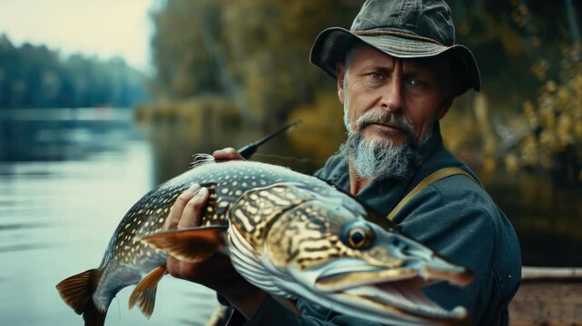 close-up of a fisherman holding a pike in his hands. Selective focus