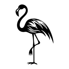 Black and white graphic silhouette of a flamingo standing on one leg