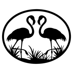 Elegant depiction of two flamingos in silhouette, framed within an oval shape