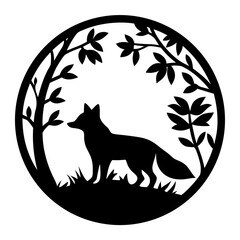 Black silhouette of a fox in a forest clearing within a circle frame
