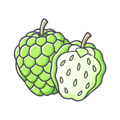 A Detailed Illustration of Two Cherimoyas One Whole and One Cut Open Revealing the Creamy White Flesh and Black Seeds