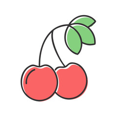 Illustration of a Pair of Ripe Cherries on a Stem with Green Leaves
