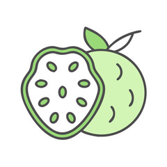 A halved illustration of a fresh and ripe cherimoya fruit showing its creamy white flesh and numerous black seeds