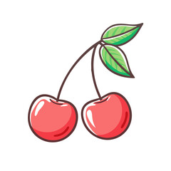 A Pair of Sweet Red Cherries with Lush Green Leaves Illustration