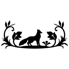 Elegant black fox silhouette surrounded by floral design elements and swirls
