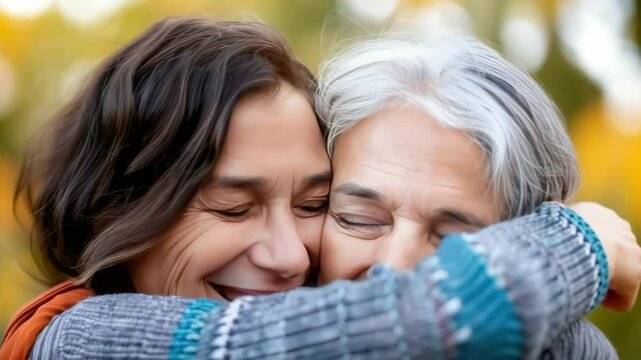 daughter hugs her mother close-up. Selective focus