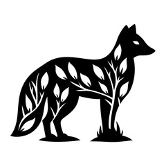 Monochrome silhouette of a wolf filled with branches and leaves design