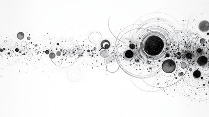 Abstract black and white depiction of celestial bodies and cosmic elements in a dynamic arrangement