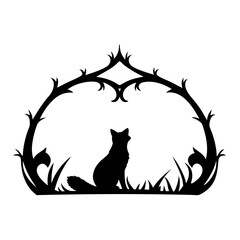 Silhouette of a Fox Sitting in a Thicket Framed by Thorny Branches