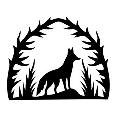 Silhouette of a fox standing alert beneath an arch of thorny branches