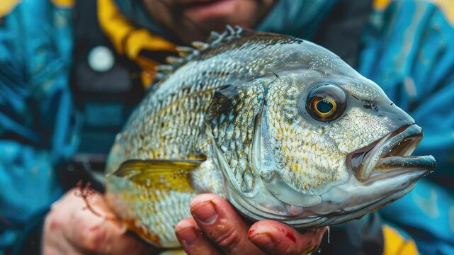 a close-up of a fisherman holding a fish in his hands. Selective focus