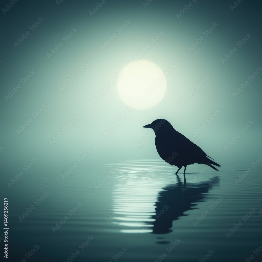 Poster serene silhouette of a bird standing in shallow water under a hazy moonlit sky creating a peaceful a