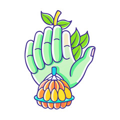 A Green Hand Gently Holding a Vibrant Fruit and Lush Greenery Illustration
