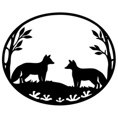 Silhouette of Two Foxes in Natural Habitat Framed in Oval Shape