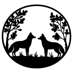 Elegant black silhouette art with two foxes facing each other in nature