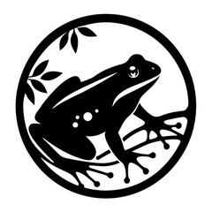 Elegant Black and White Frog Silhouette Sitting on a Branch Illustration