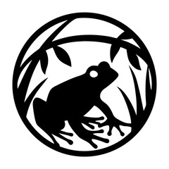 A black and white circular illustration of a frog in vegetation