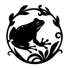 Black and White Frog Silhouette Surrounded by Decorative Leaves and Vines