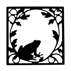 Intricate black and white frog silhouette surrounded by leaves in a square frame