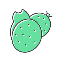 A pair of prickly pear pads illustration a vibrant green color with small black seeds a bitten pad and a whole pad