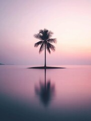 Obraz premium Serene Palm Tree Silhouette Reflecting on Calm Water at Dusk in a Minimalist Landscape Photography Style