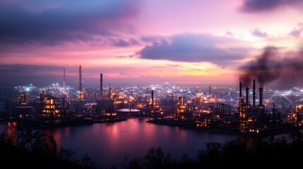 Obraz premium Industrial complex at sunset over river with interconnected technology