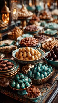Colorful display of traditional oriental sweets, chocolate eggs, and candy-coated treats at a market stall. Rich textures, vibrant colors, and festive atmosphere of a Middle Eastern bazaar