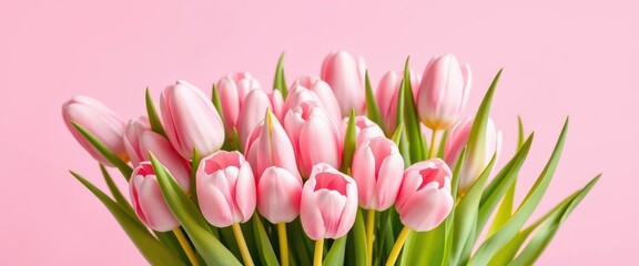 Fototapeta premium A cluster of pale pink tulips, softly illuminated against a matching pastel pink backdrop, wedding, tulips