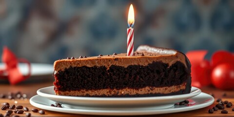 A decadent slice of chocolate cake, adorned with a single lit birthday candle, chocolate frosting, candlelight