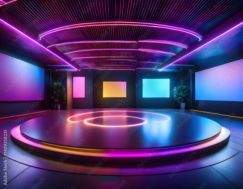 Poster modern studio space with vibrant lighting and a circular stage, ideal for events or performances