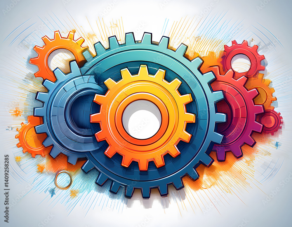 Poster colorful gears in motion, illustrating mechanics and engineering concepts in a vibrant, artistic sty