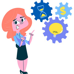 vector illustration of business woman thinking about ideas, time management and money 