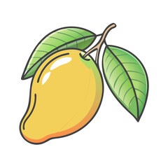 A single ripe yellow mango with vibrant green leaves attached to a stem