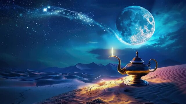 Aladdin's lamp in the desert. Generative AI