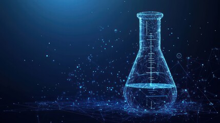 Digital rendition of a laboratory flask with connected datapoints on blue backdrop