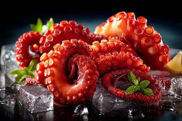 Fresh octopus served on crushed ice. High-quality seafood delicacy in an elegant gourmet presentation. Raw octopus with ice cubes, close-up with soft natural lighting.
