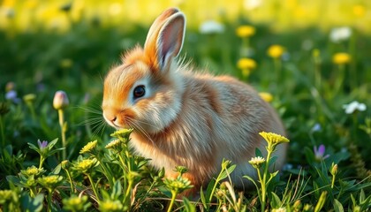 Fototapeta premium A fluffy brown rabbit nibbles clover in a sun-drenched meadow, green, rural
